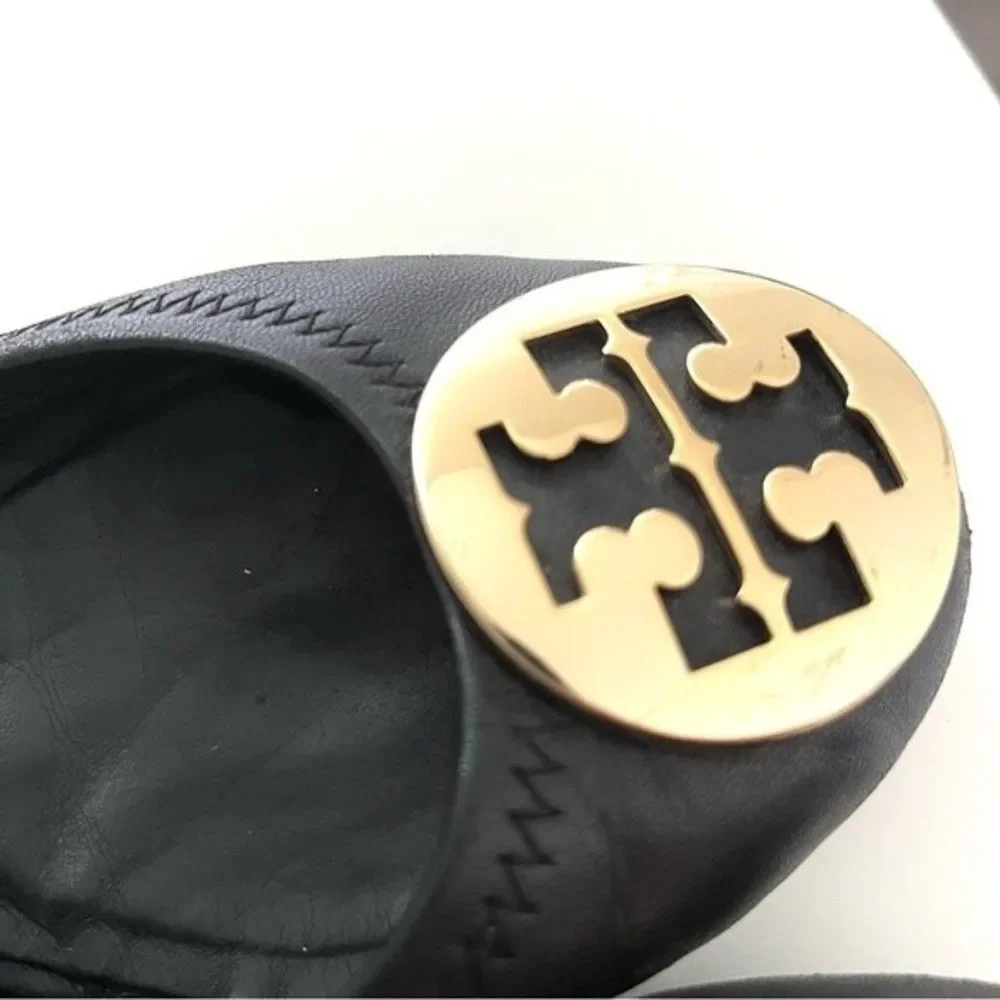 Tory Burch Black Reva Ballet Flat with Gold Emblem, Size 7
